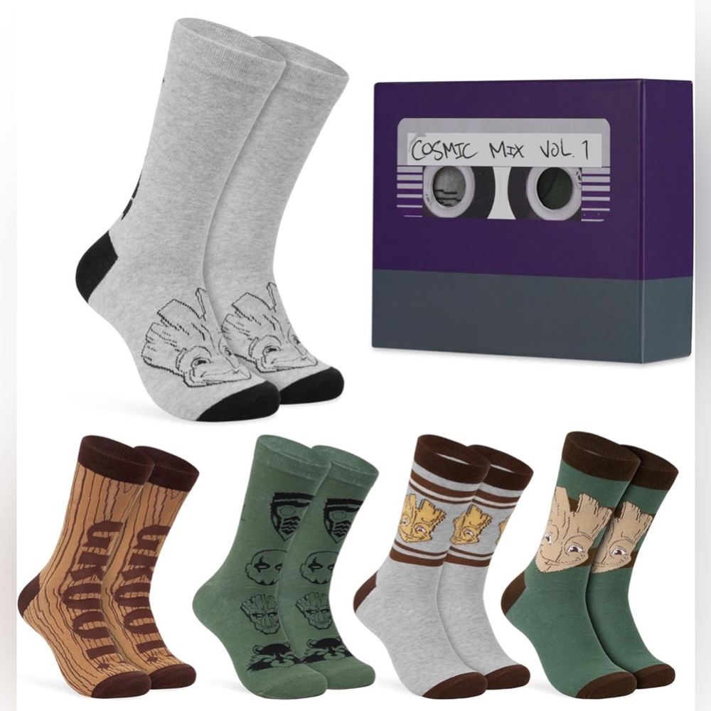 Marvel Groot Casual Crew Socks- 5-Pack Gray, Brown, Green-Gardens of the Galaxy